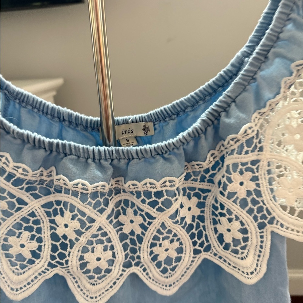 Blue Lace Trim Off-Shoulder Top - Picture 3 of 8